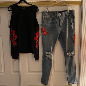 Black Sleeveless No Comment Top & NOVA MEN ripped Jeans with Red Rose Embroidery